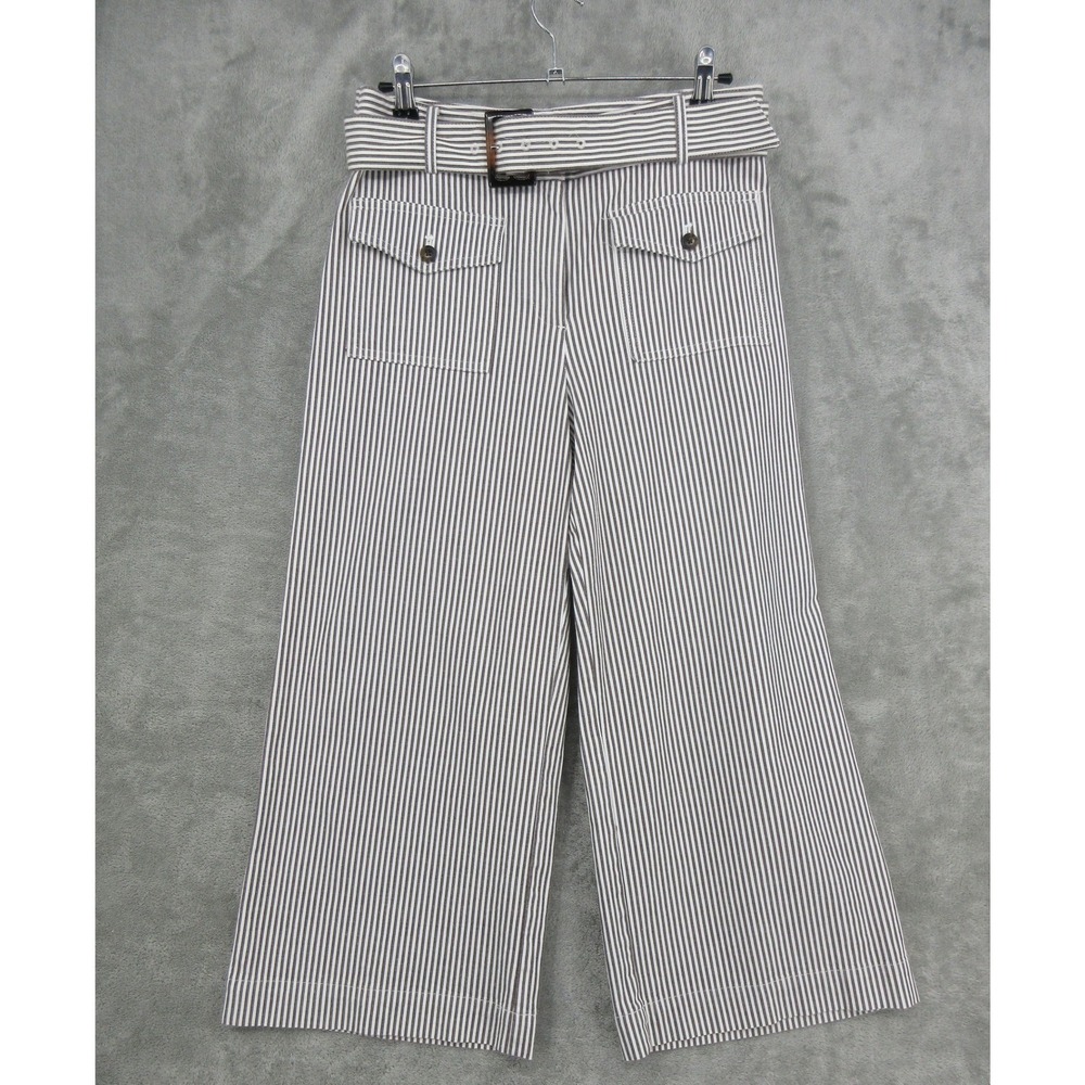 LOFT Pants Women 6 Petite‎ Striped Belted Wide Leg Cropped Gaucho Pockets Brown